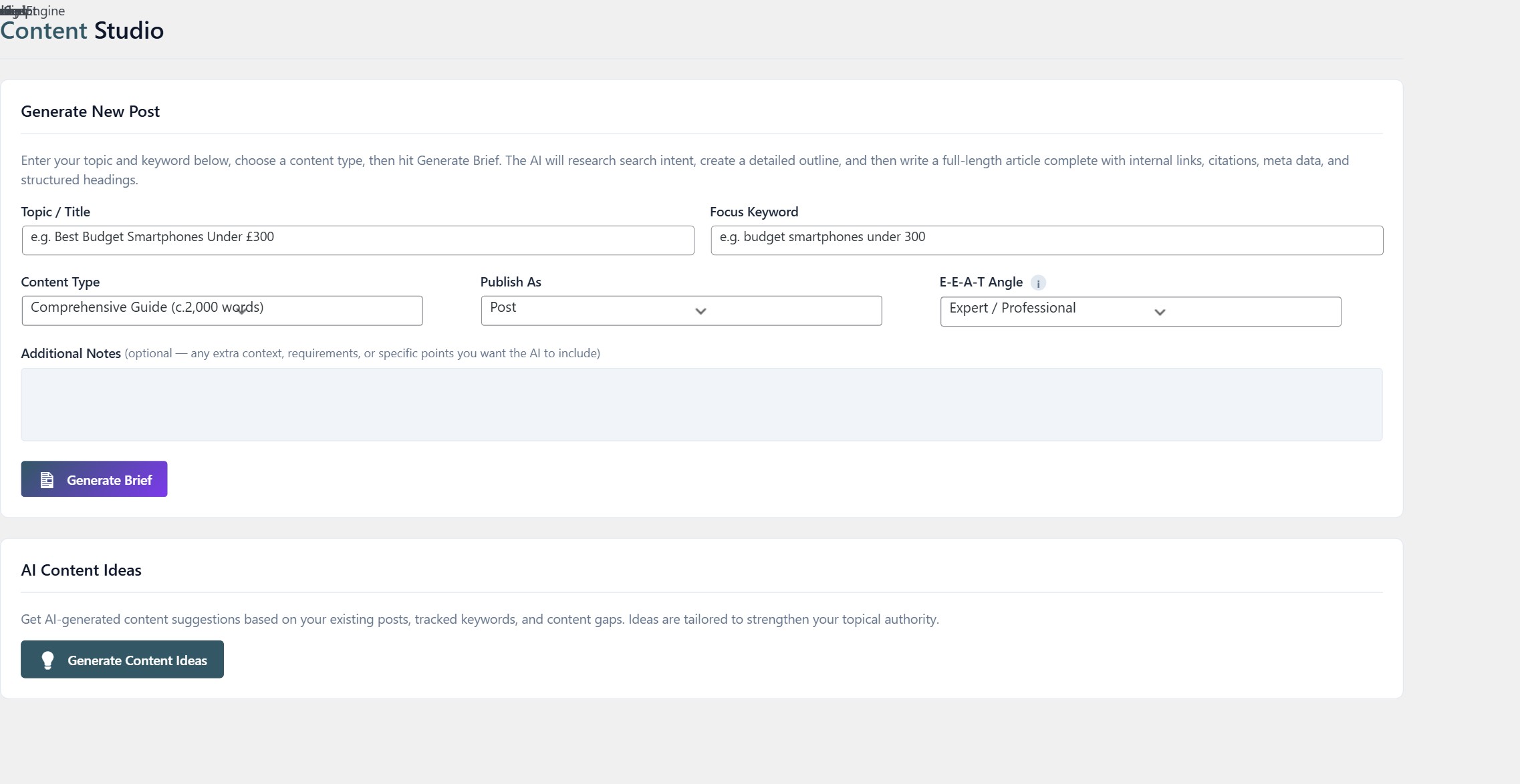 Artikul SEO AI Content Studio showing content generation form with topic input, content type selector, and AI provider options