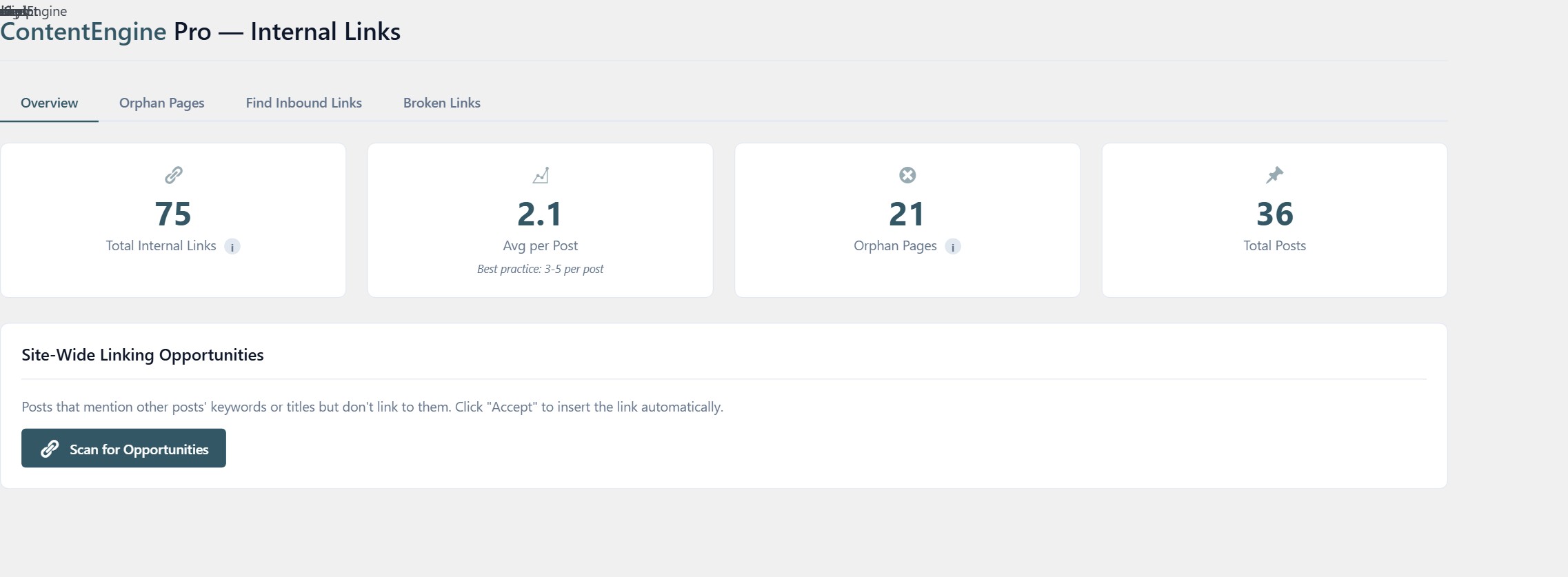 Artikul SEO Internal Links overview showing stat cards for total links, orphan pages, and suggestions with tabbed interface