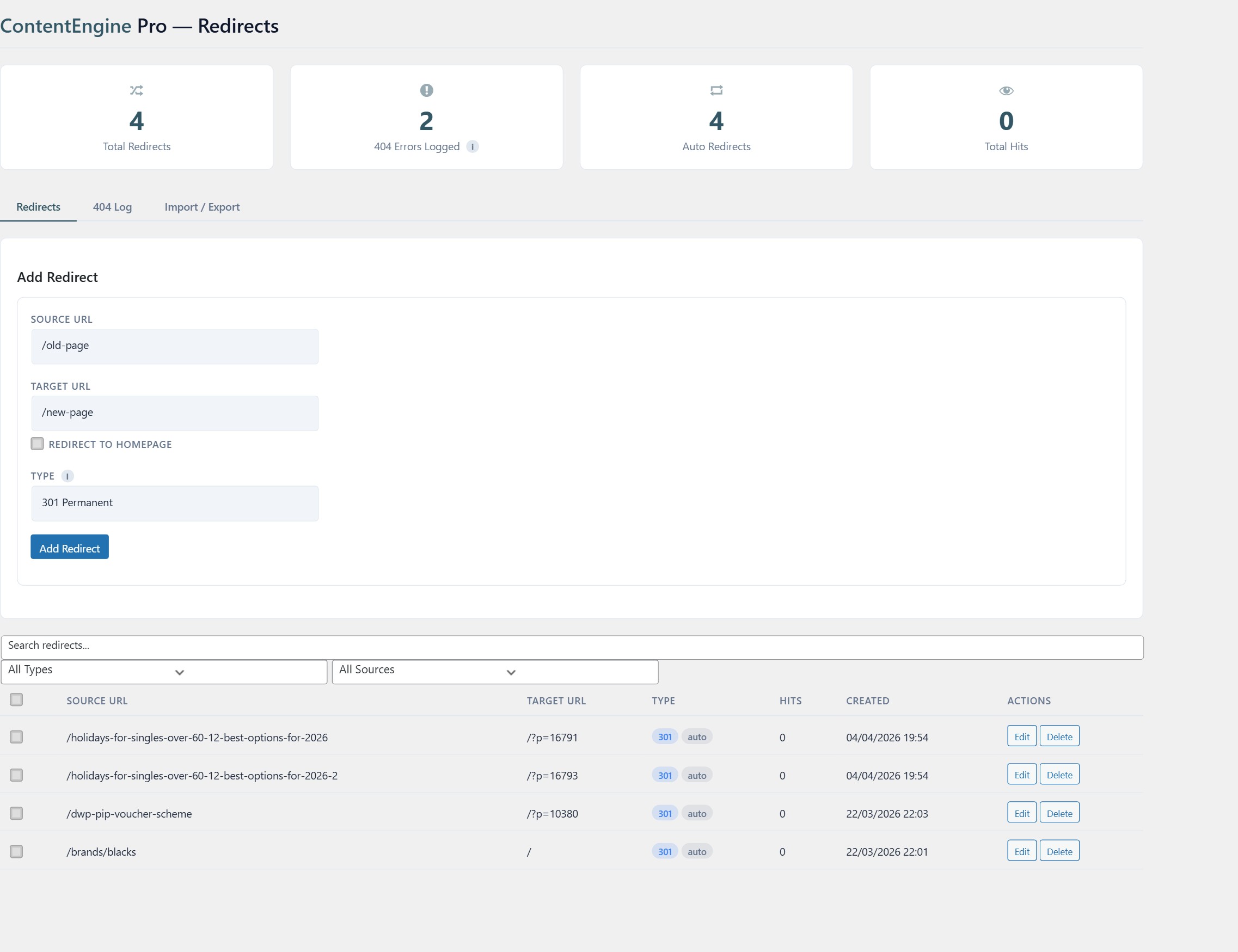 Artikul SEO Redirect Manager showing redirect rules, 404 monitoring, broken link scanner, and CSV import/export