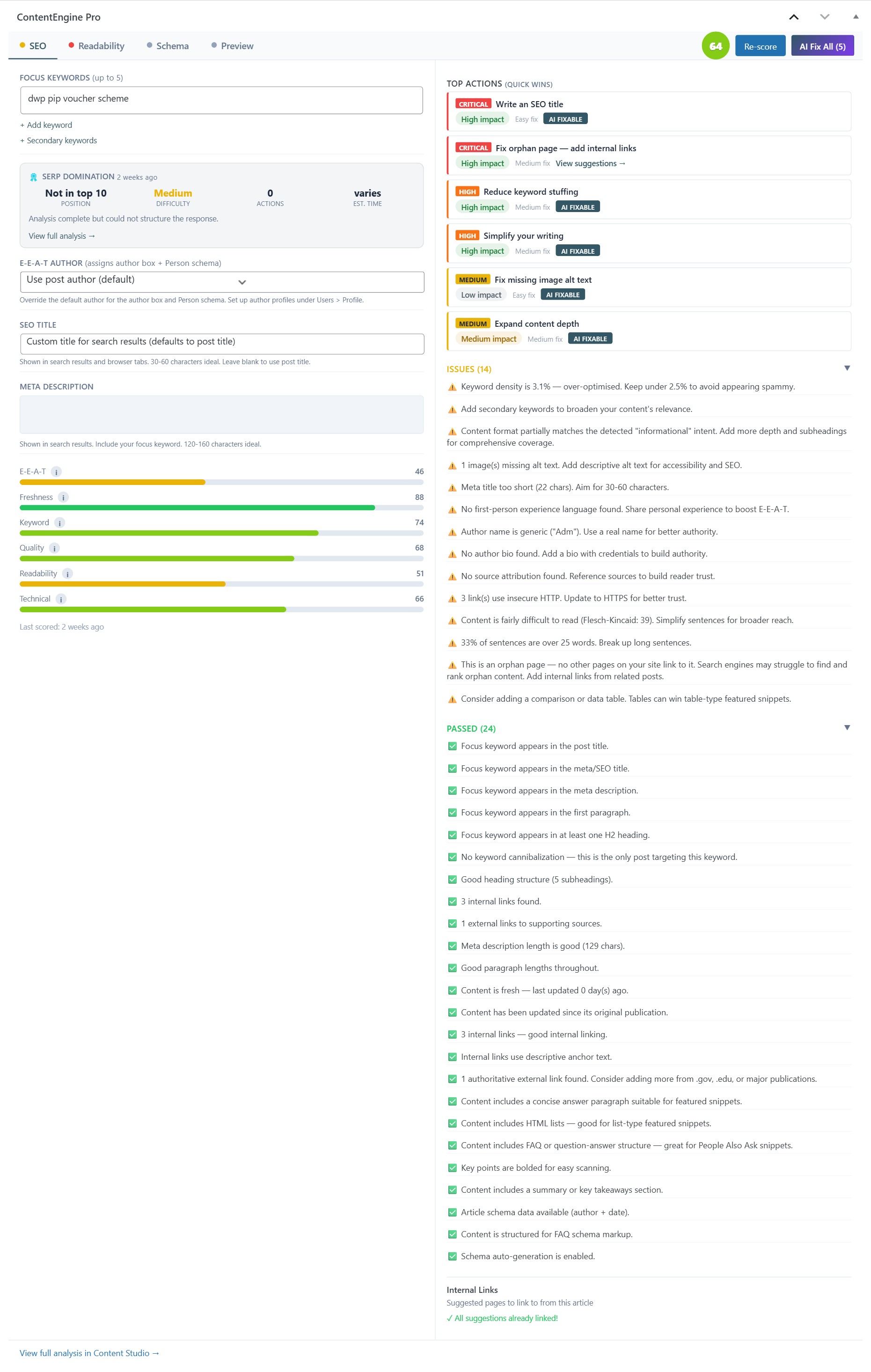 Artikul SEO scoring metabox in WordPress editor showing priority actions with AI Fix badges and detailed SEO issues