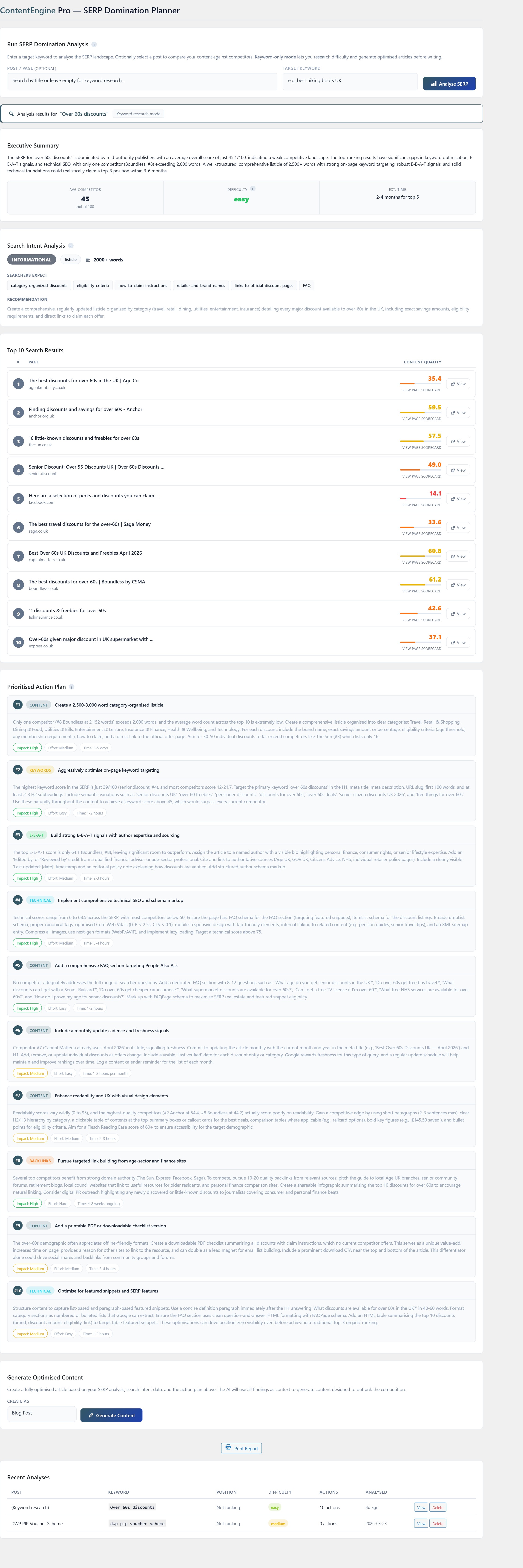 Artikul SEO SERP Domination showing executive summary with difficulty rating, search intent analysis, and top 10 competitor scores